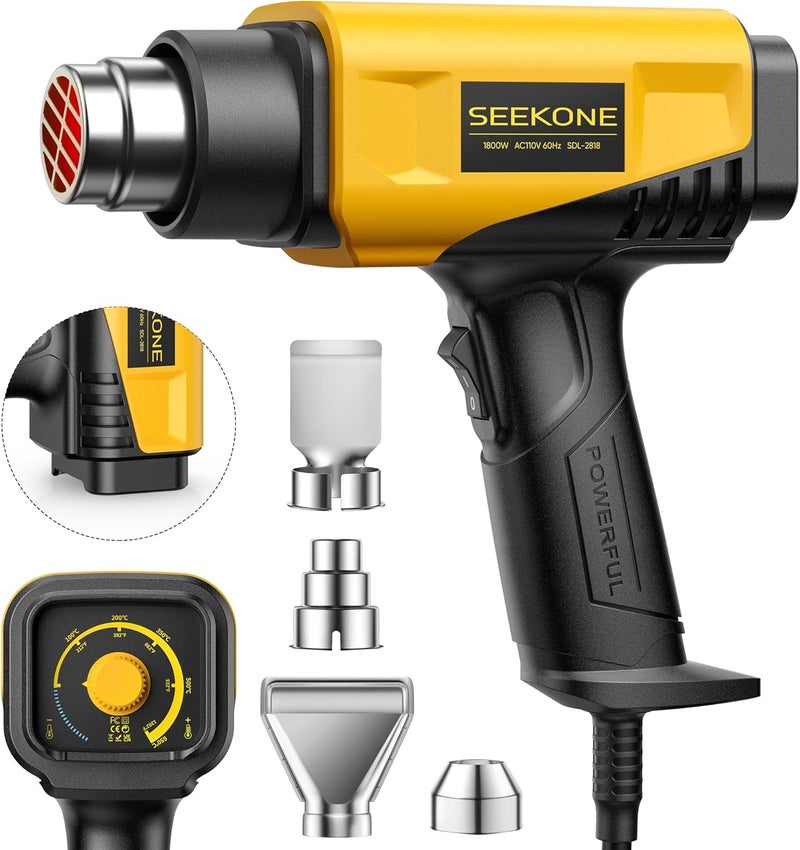 SEEKONE 1800W Heat Gun Compact Design Heavy Duty Hot Air Gun 122℉-1202℉（50℃- 650℃）Variable Temperature Control for 2 Speed Settings with 4 Nozzels for Crafts, Vinyl Wrap, Shrink Tubing - Image 1